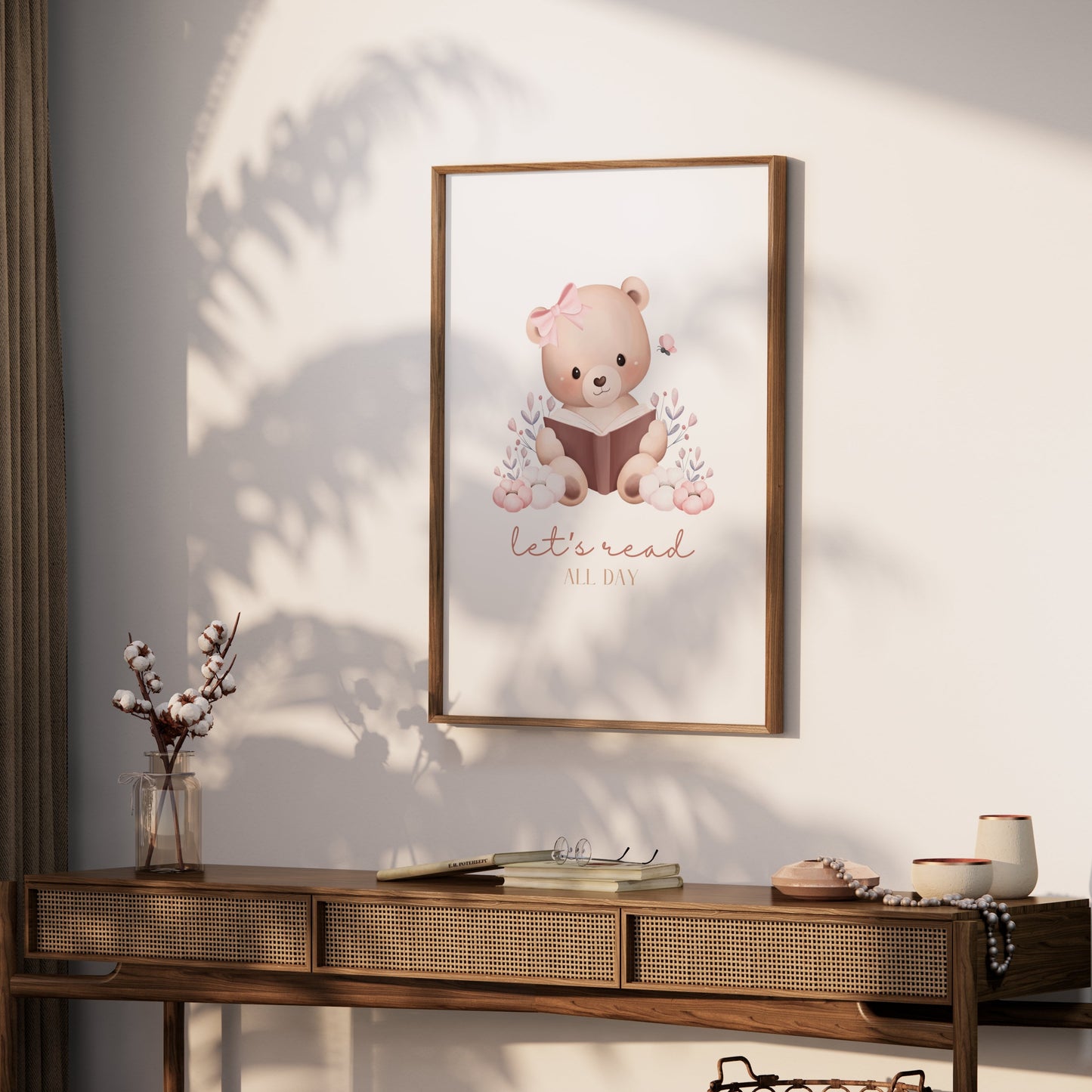 Premium Poster of Cute Bear with Book Quote Let's Read All Day Posters
