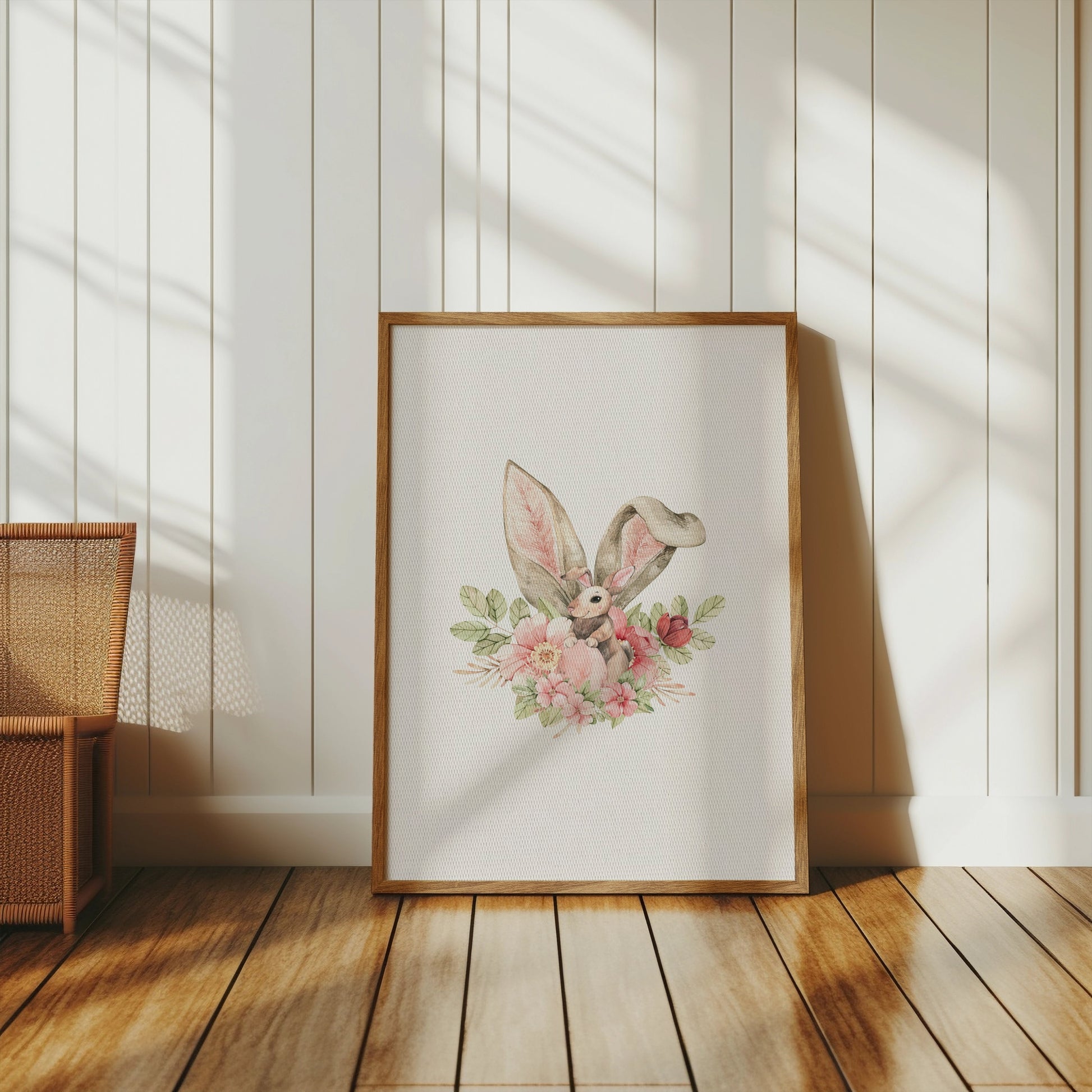 Premium Poster of Cute Bunny With Floral Accents Watercolor Art Posters