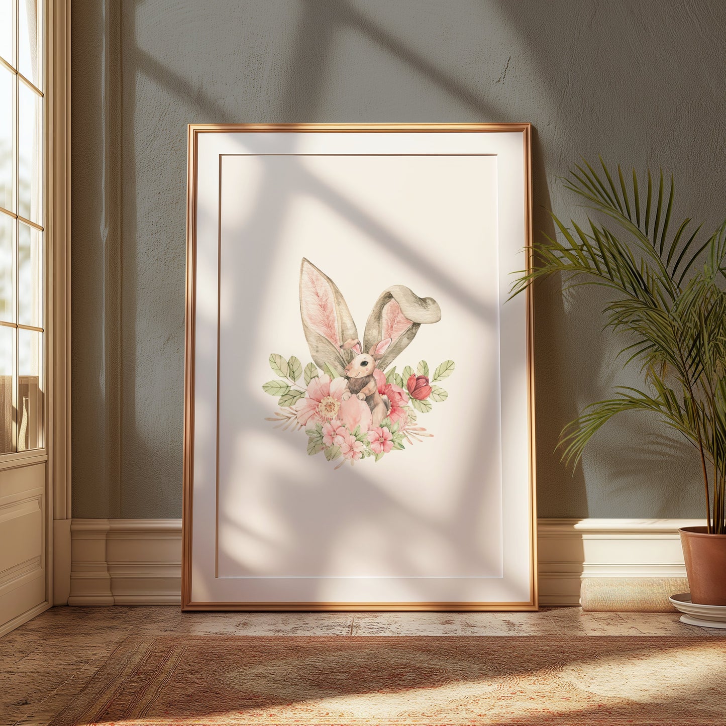 Premium Poster of Cute Bunny With Floral Accents Watercolor Art Posters