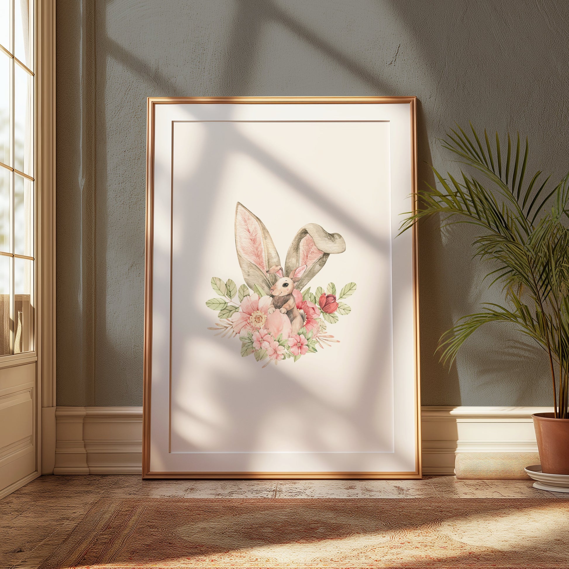 Premium Poster of Cute Bunny With Floral Accents Watercolor Art Posters