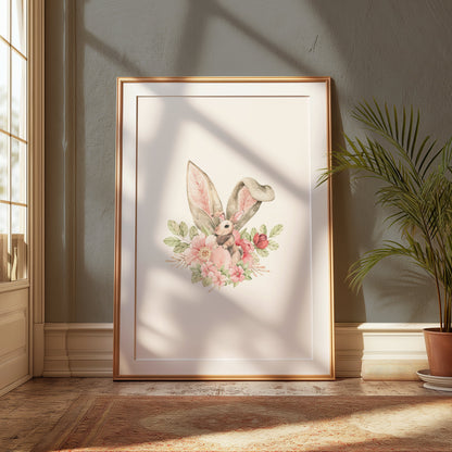 Premium Poster of Cute Bunny With Floral Accents Watercolor Art Posters