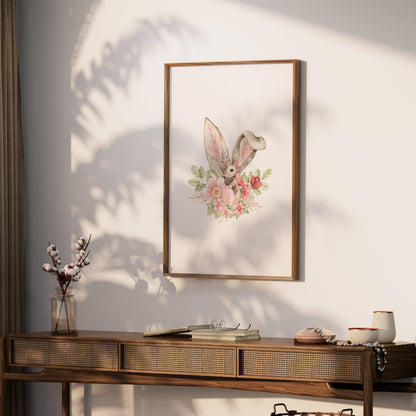 Premium Poster of Cute Bunny With Floral Accents Watercolor Art Posters