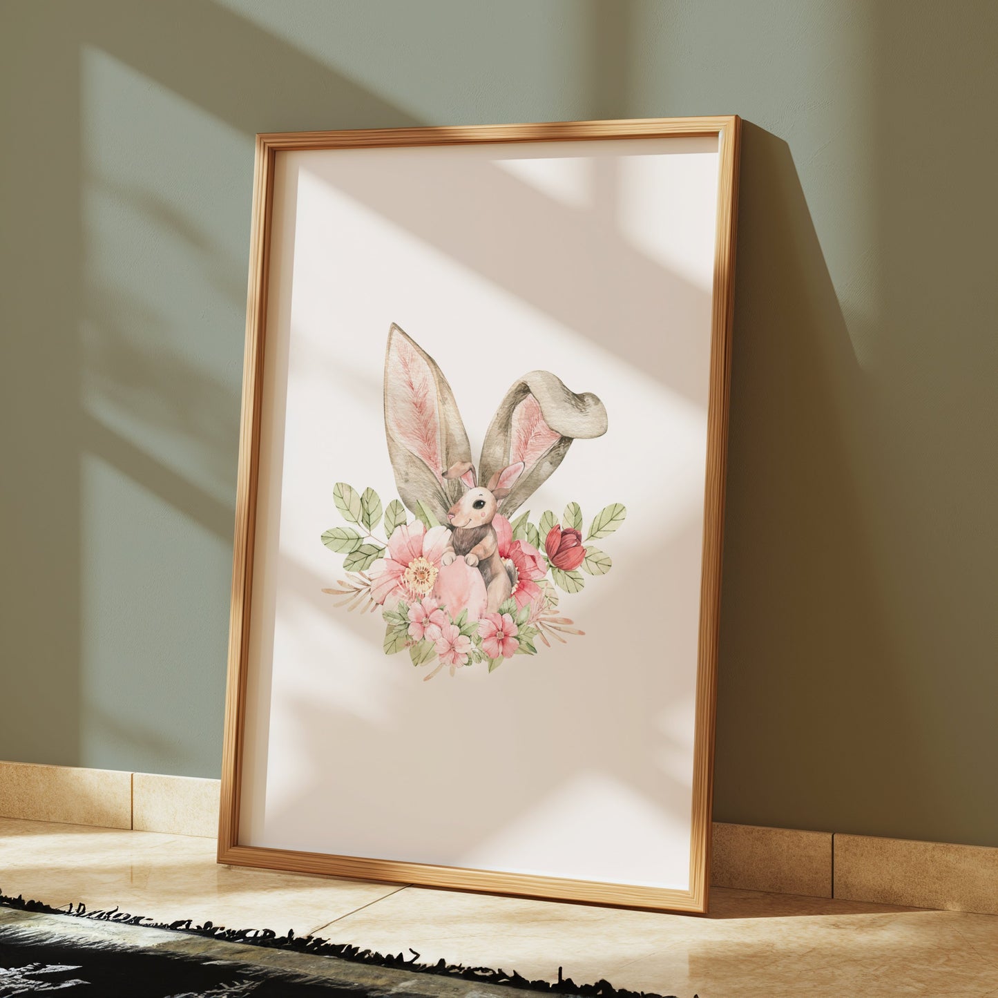 Premium Poster of Cute Bunny With Floral Accents Watercolor Art Posters