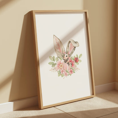 Premium Poster of Cute Bunny With Floral Accents Watercolor Art Posters