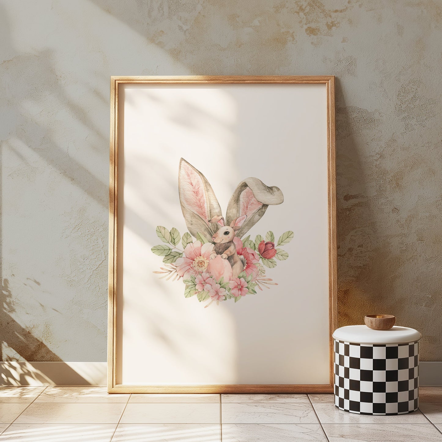 Premium Poster of Cute Bunny With Floral Accents Watercolor Art Posters