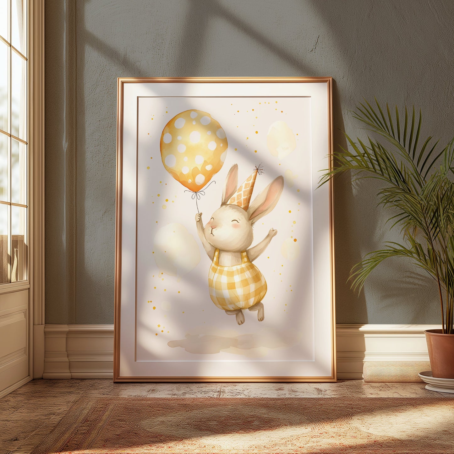 Premium Poster of Cute Bunny with Balloon and Party Hat Posters