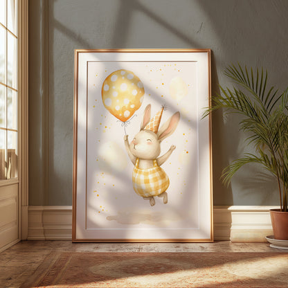 Premium Poster of Cute Bunny with Balloon and Party Hat Posters