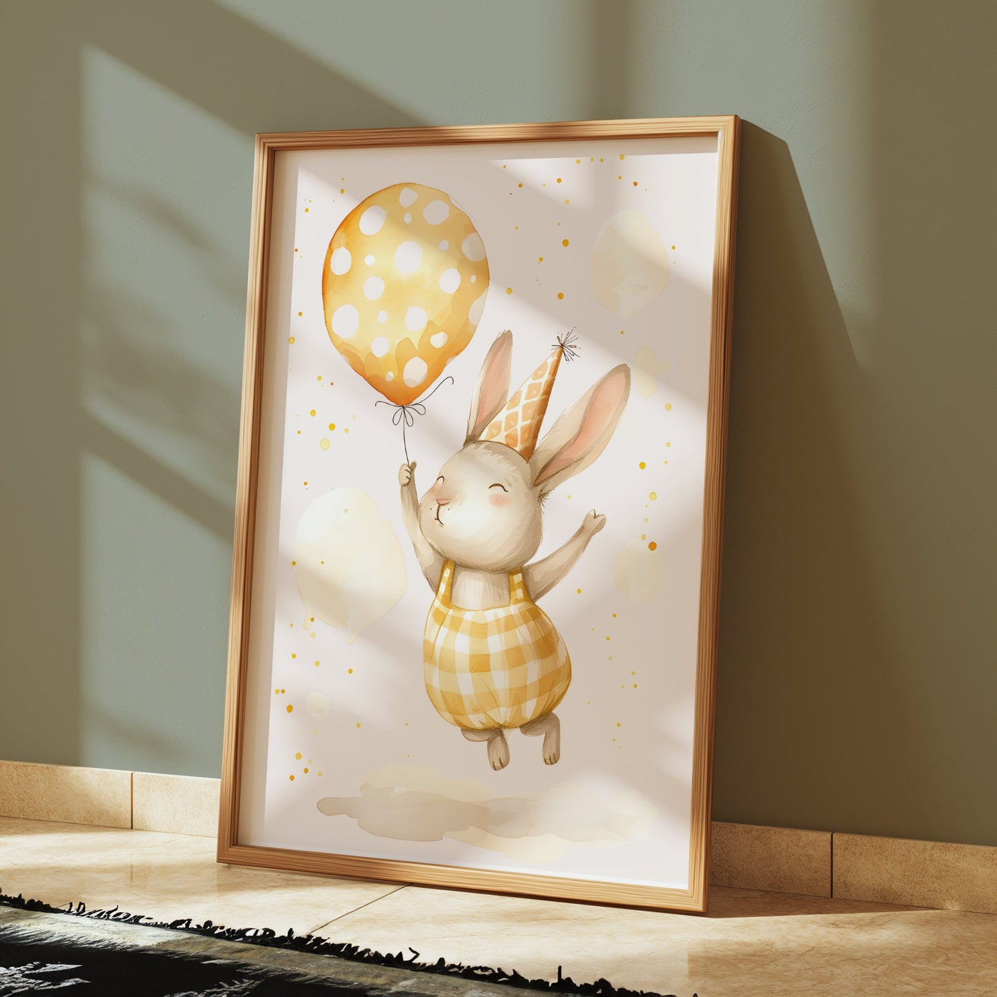 Premium Poster of Cute Bunny with Balloon and Party Hat Posters