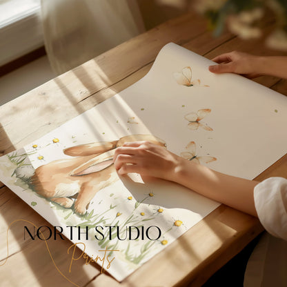Premium Poster of Cute Bunny with Butterflies in Meadow Posters