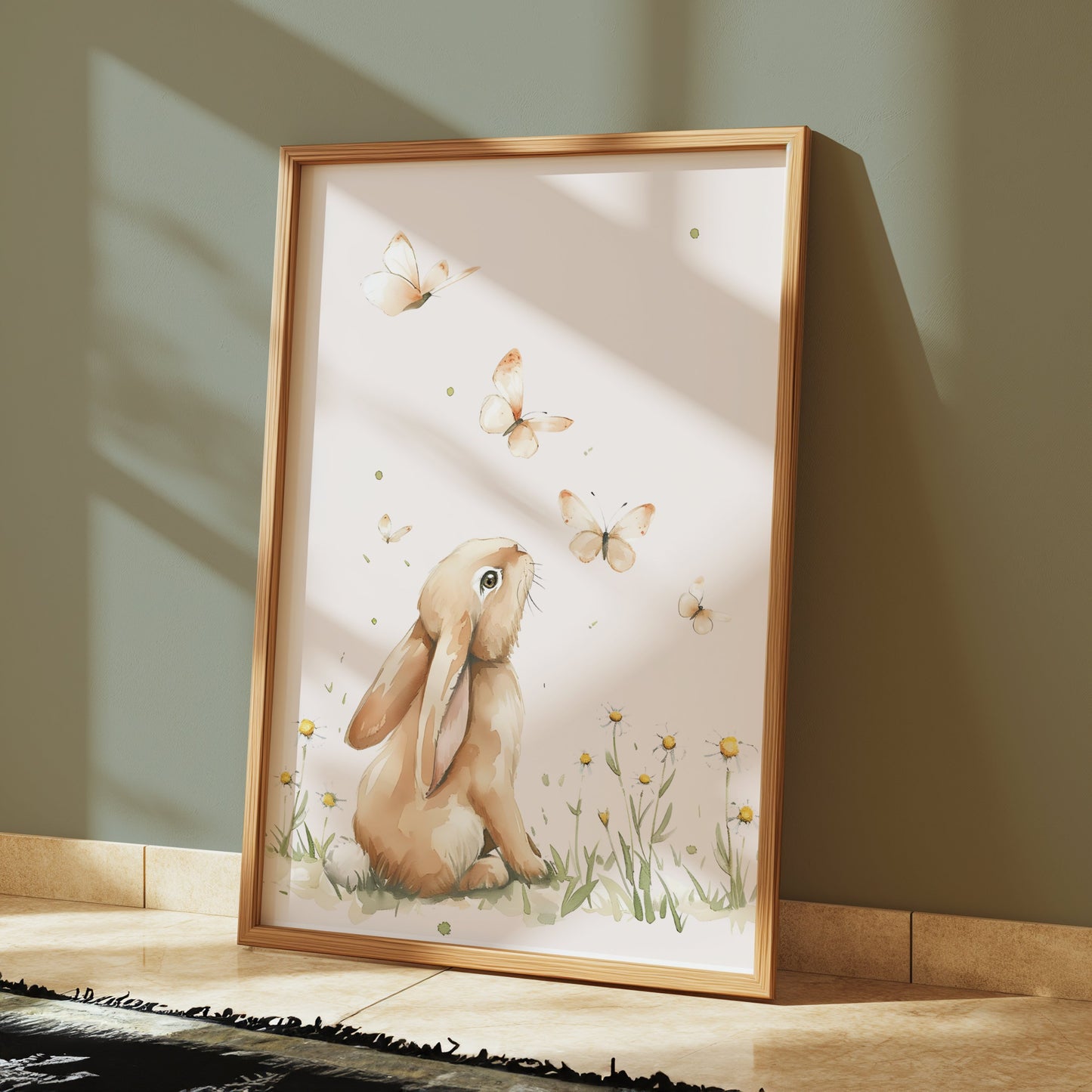 Premium Poster of Cute Bunny with Butterflies in Meadow Posters