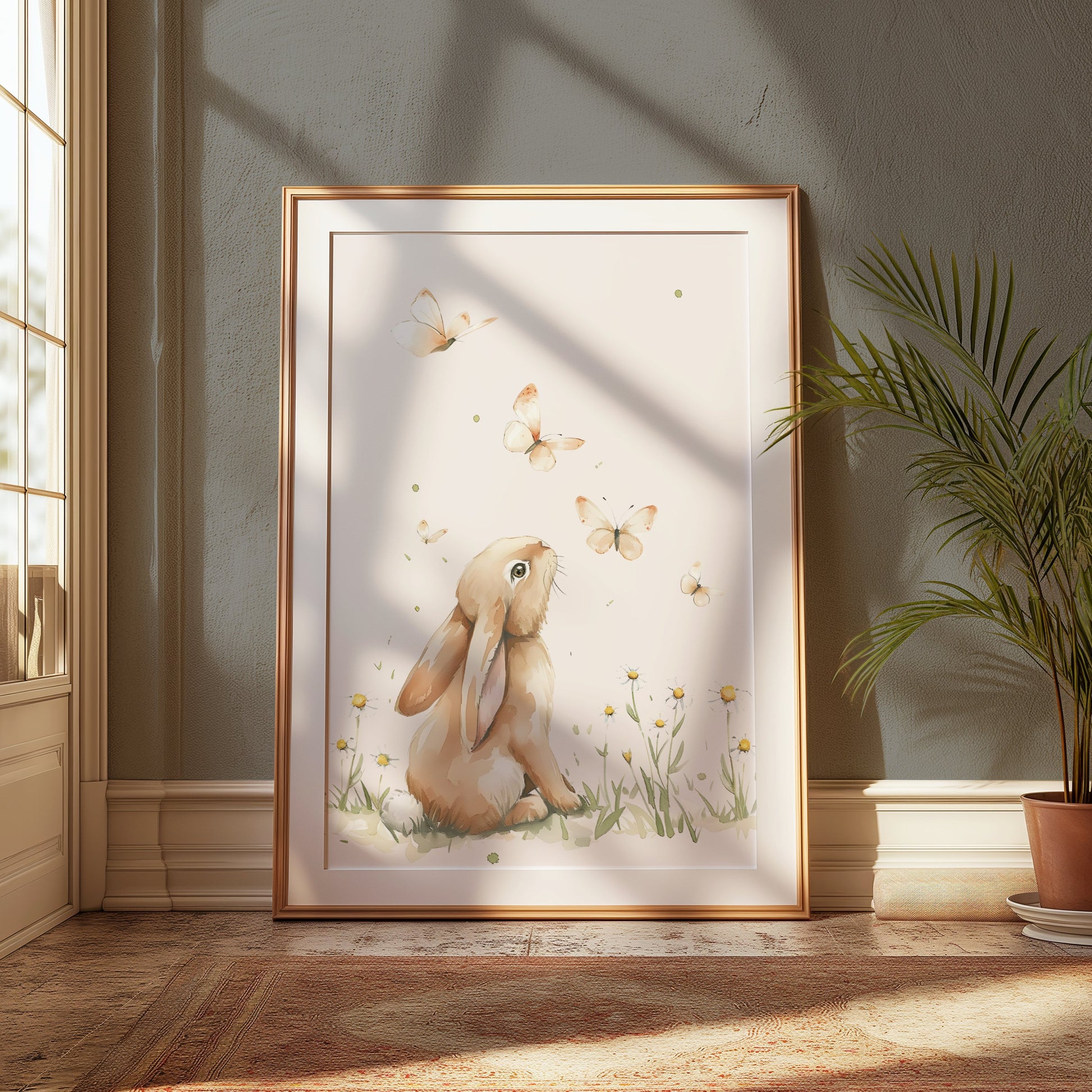 Premium Poster of Cute Bunny with Butterflies in Meadow Posters