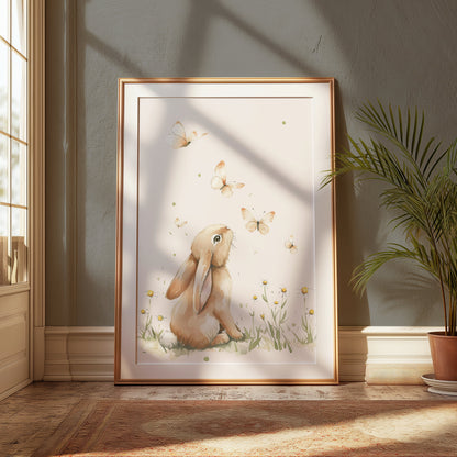 Premium Poster of Cute Bunny with Butterflies in Meadow Posters