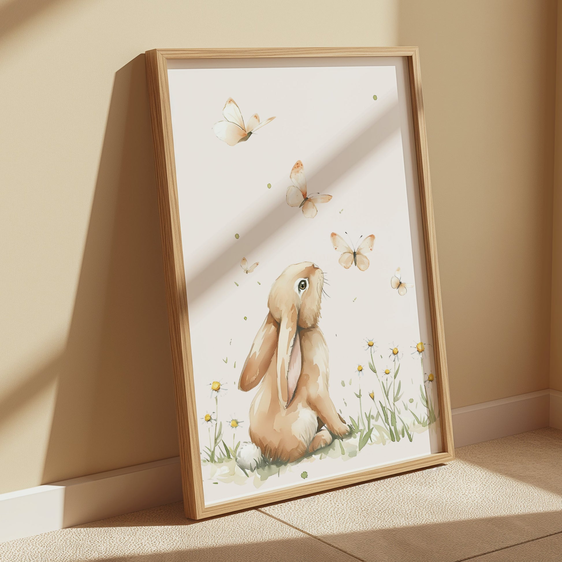 Premium Poster of Cute Bunny with Butterflies in Meadow Posters