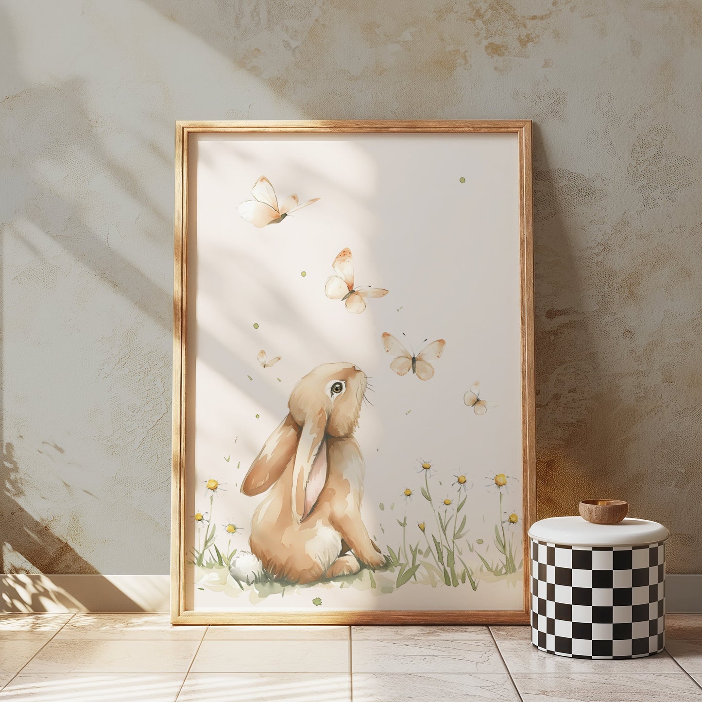Premium Poster of Cute Bunny with Butterflies in Meadow Posters