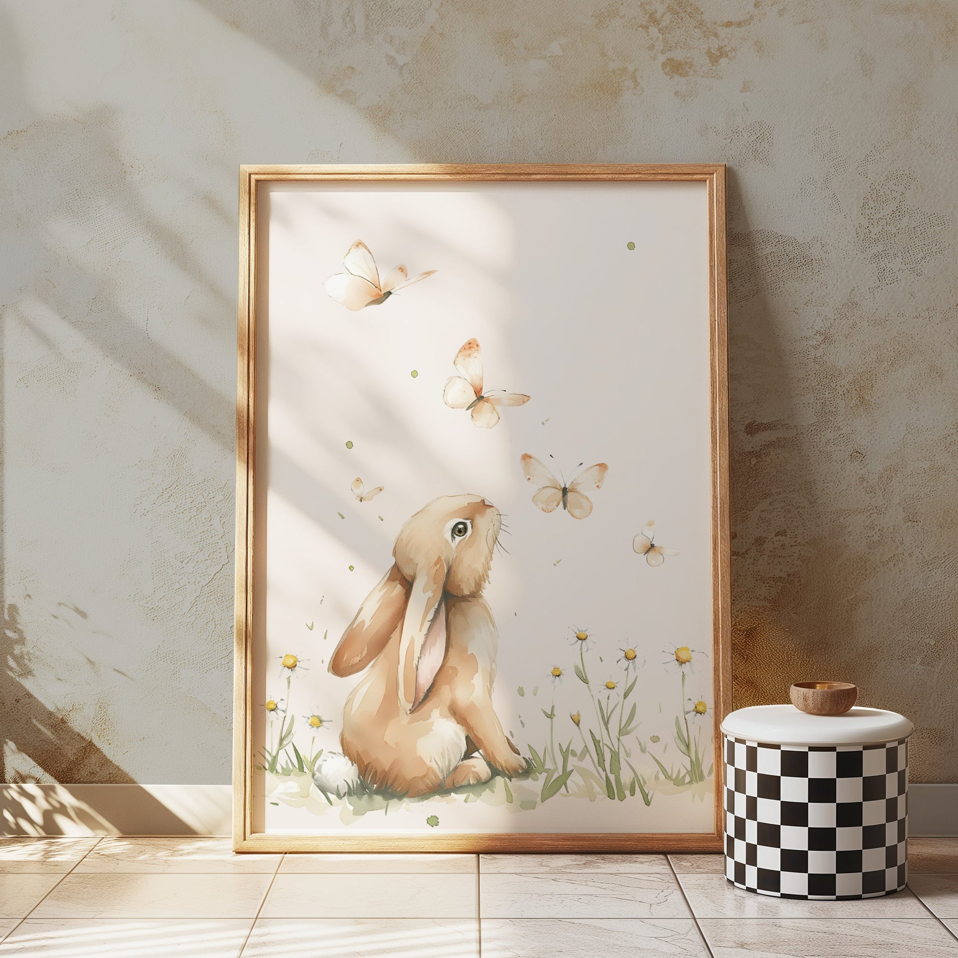 Premium Poster of Cute Bunny with Butterflies in Meadow Posters