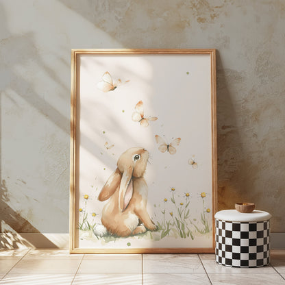 Premium Poster of Cute Bunny with Butterflies in Meadow Posters