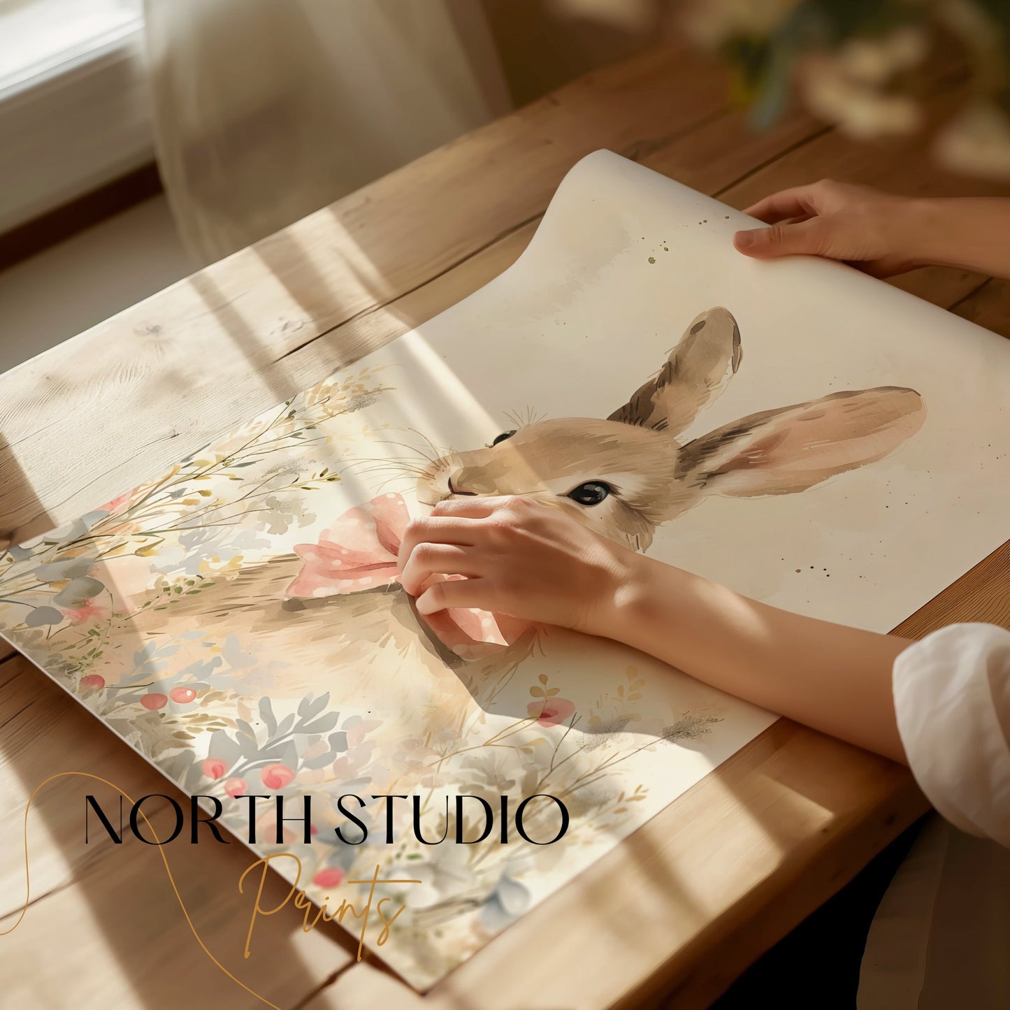 Premium Poster of Cute Bunny with Pink Bow Illustration Art Posters