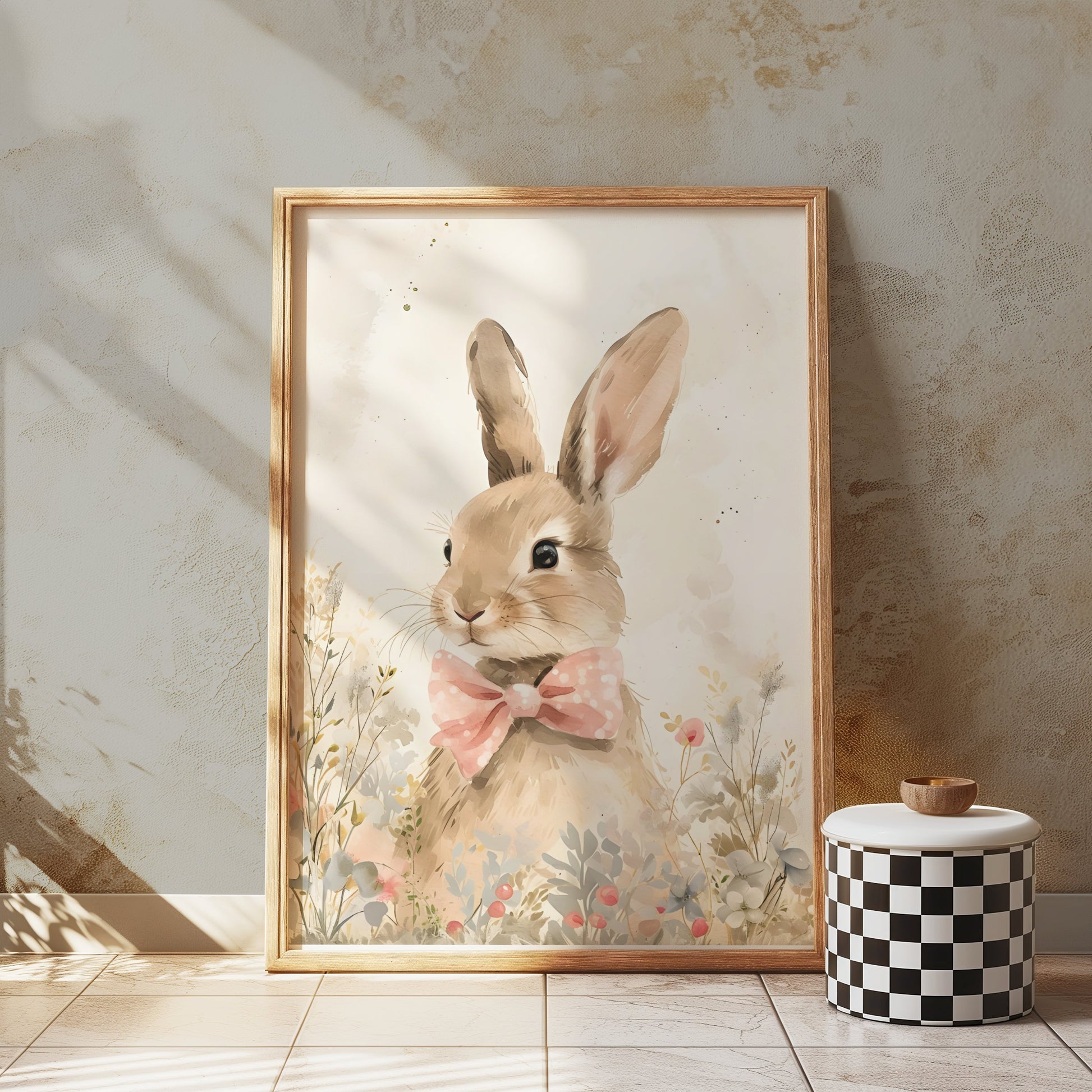 Premium Poster of Cute Bunny with Pink Bow Illustration Art Posters