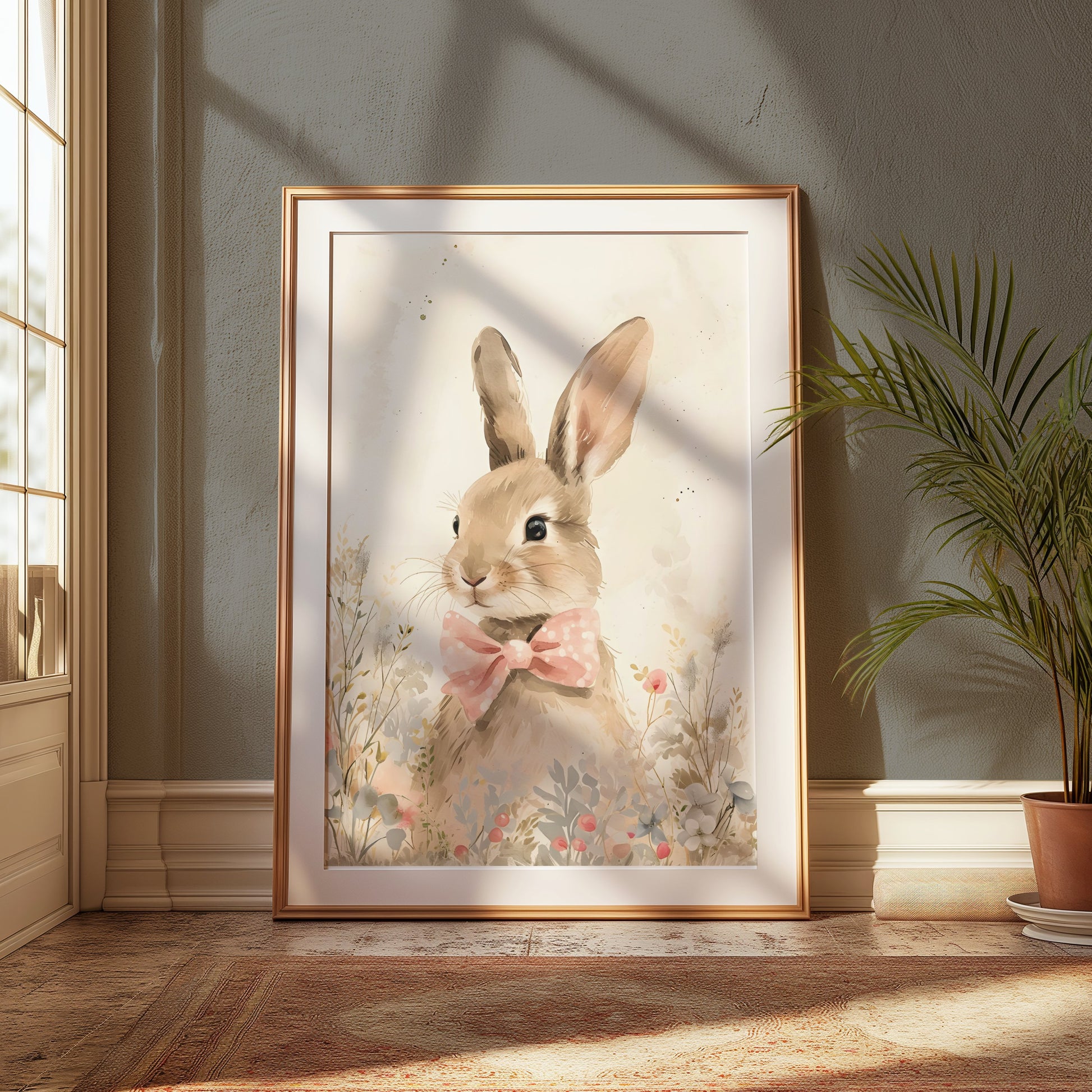Premium Poster of Cute Bunny with Pink Bow Illustration Art Posters