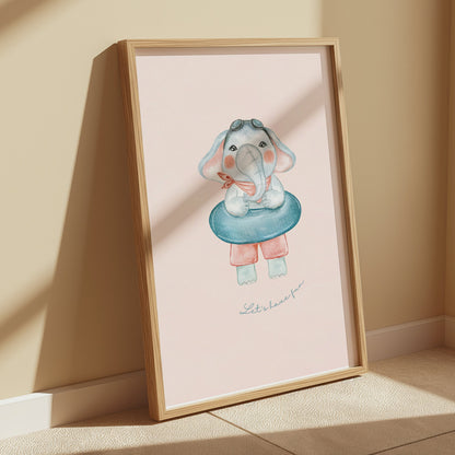 Premium Poster of Cute Cartoon Elephant with Swim Ring Posters