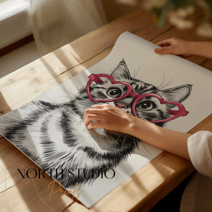 Premium Poster of Cute Cat with Heart Shaped Glasses Art Print Posters
