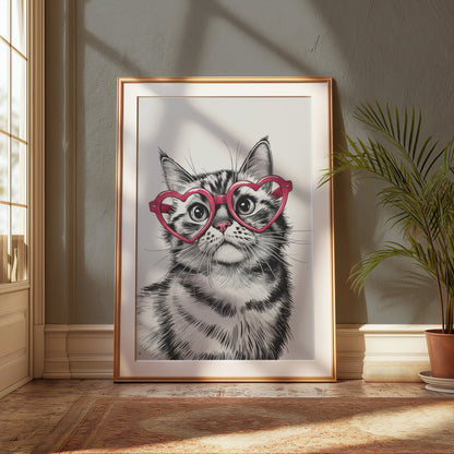 Premium Poster of Cute Cat with Heart Shaped Glasses Art Print Posters