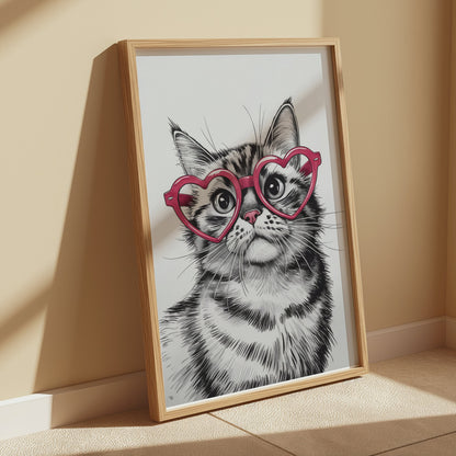 Premium Poster of Cute Cat with Heart Shaped Glasses Art Print Posters