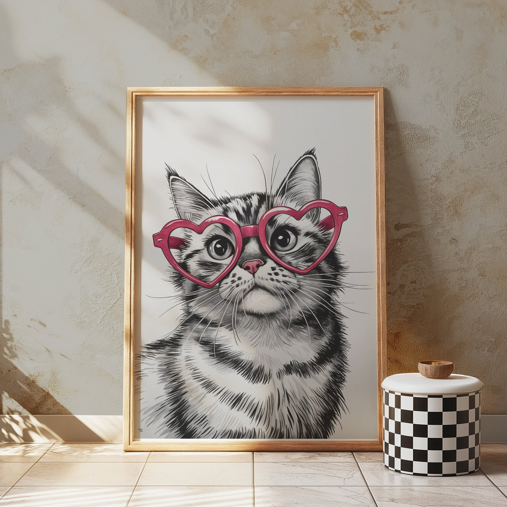 Premium Poster of Cute Cat with Heart Shaped Glasses Art Print Posters