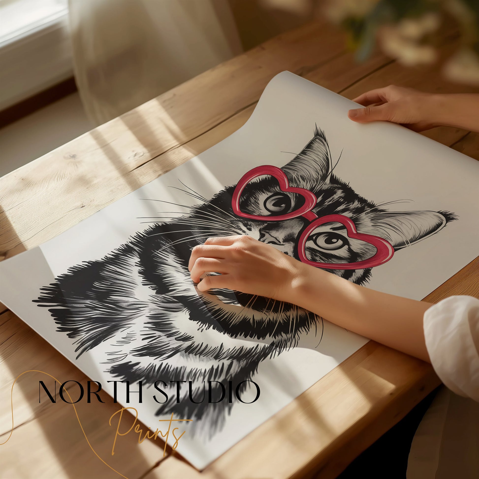Premium Poster of Cute Cat with Heart-Shaped Glasses Fun Posters