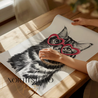 Premium Poster of Cute Cat with Heart-Shaped Glasses Fun Posters