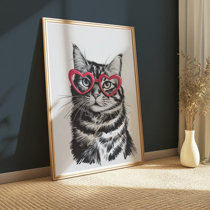 Premium Poster of Cute Cat with Heart-Shaped Glasses Fun Posters