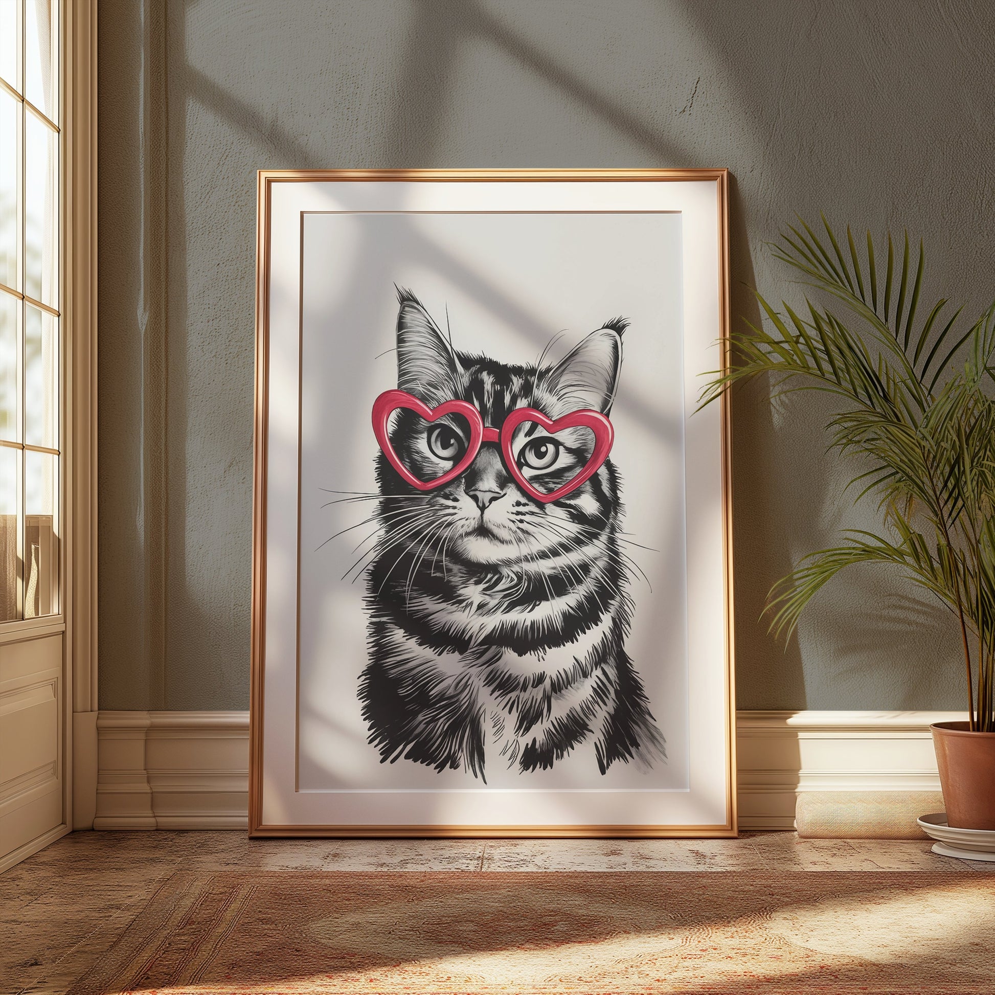 Premium Poster of Cute Cat with Heart-Shaped Glasses Fun Posters