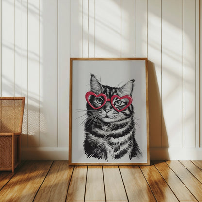 Premium Poster of Cute Cat with Heart-Shaped Glasses Fun Posters