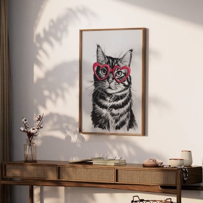 Premium Poster of Cute Cat with Heart-Shaped Glasses Fun Posters