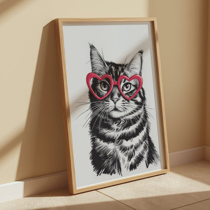 Premium Poster of Cute Cat with Heart-Shaped Glasses Fun Posters