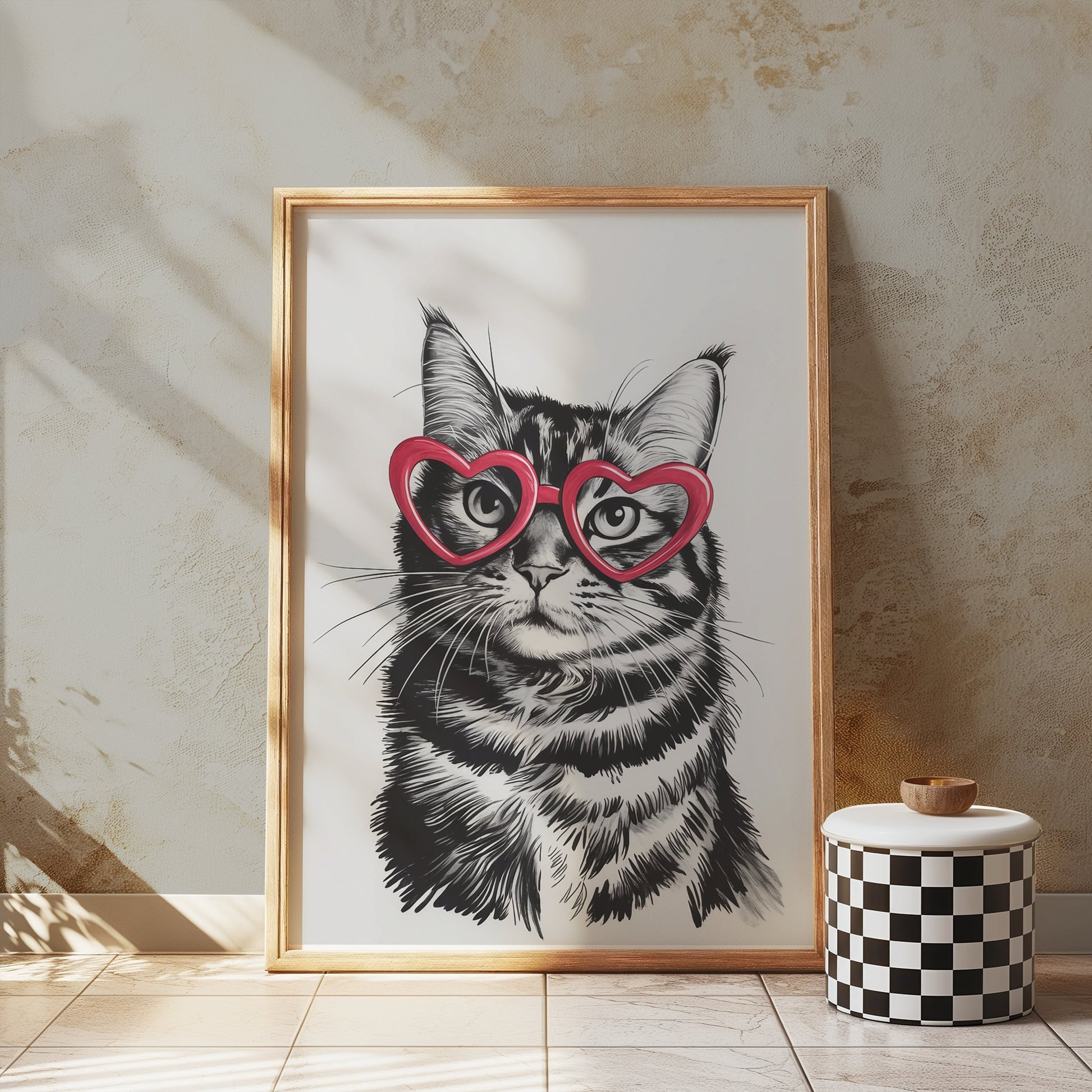 Premium Poster of Cute Cat with Heart-Shaped Glasses Fun Posters