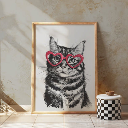 Premium Poster of Cute Cat with Heart-Shaped Glasses Fun Posters