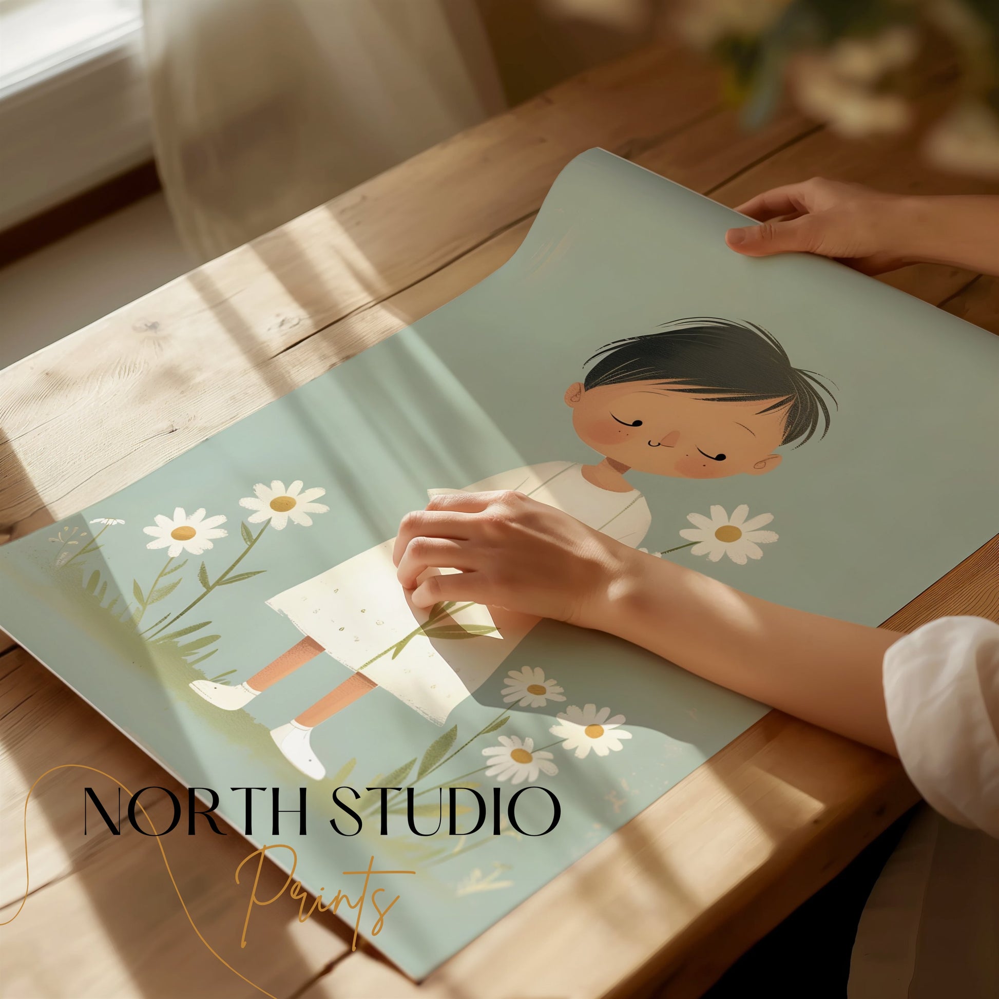 Premium Poster of Cute Child Holding Flowers in Peaceful Meadow Posters