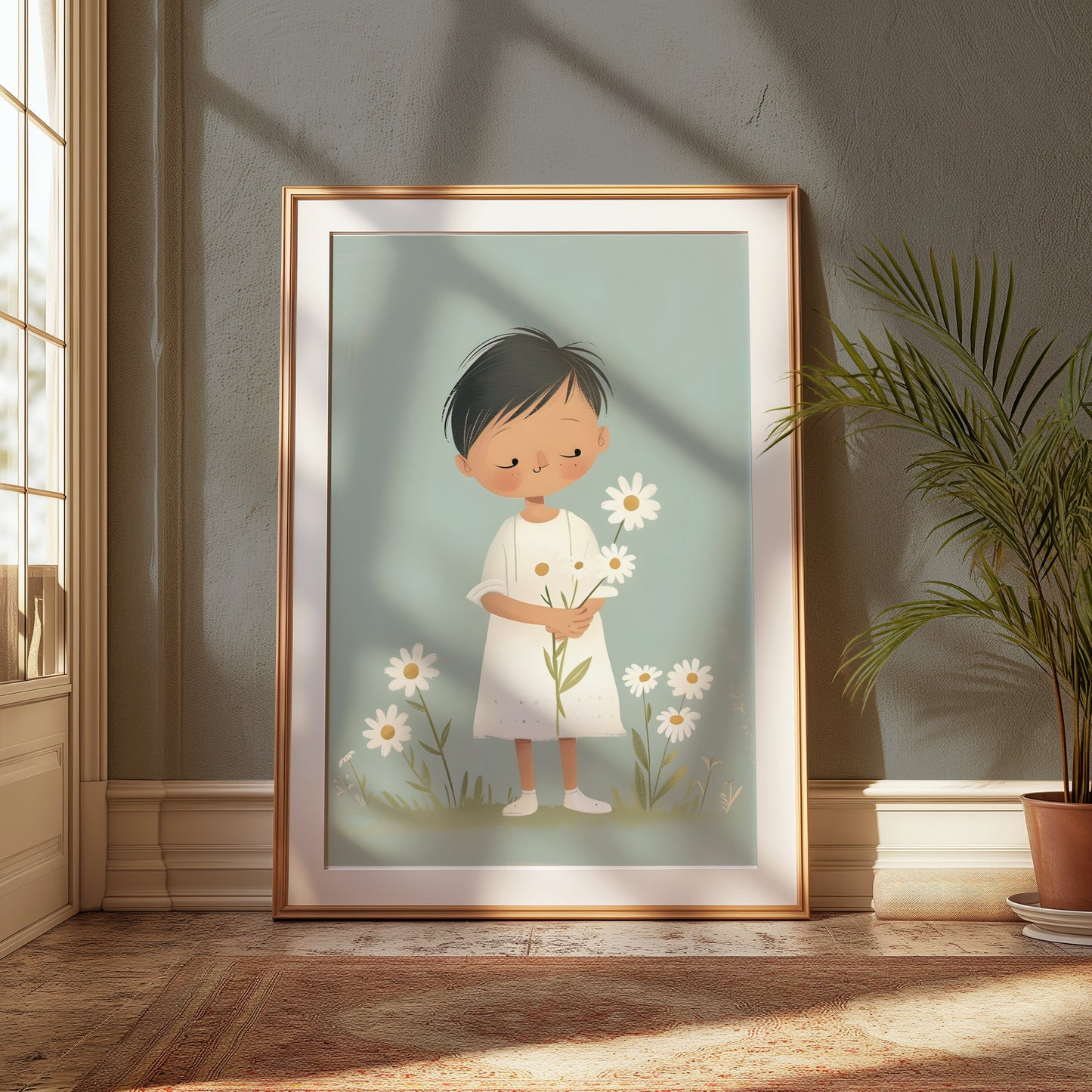 Premium Poster of Cute Child Holding Flowers in Peaceful Meadow Posters