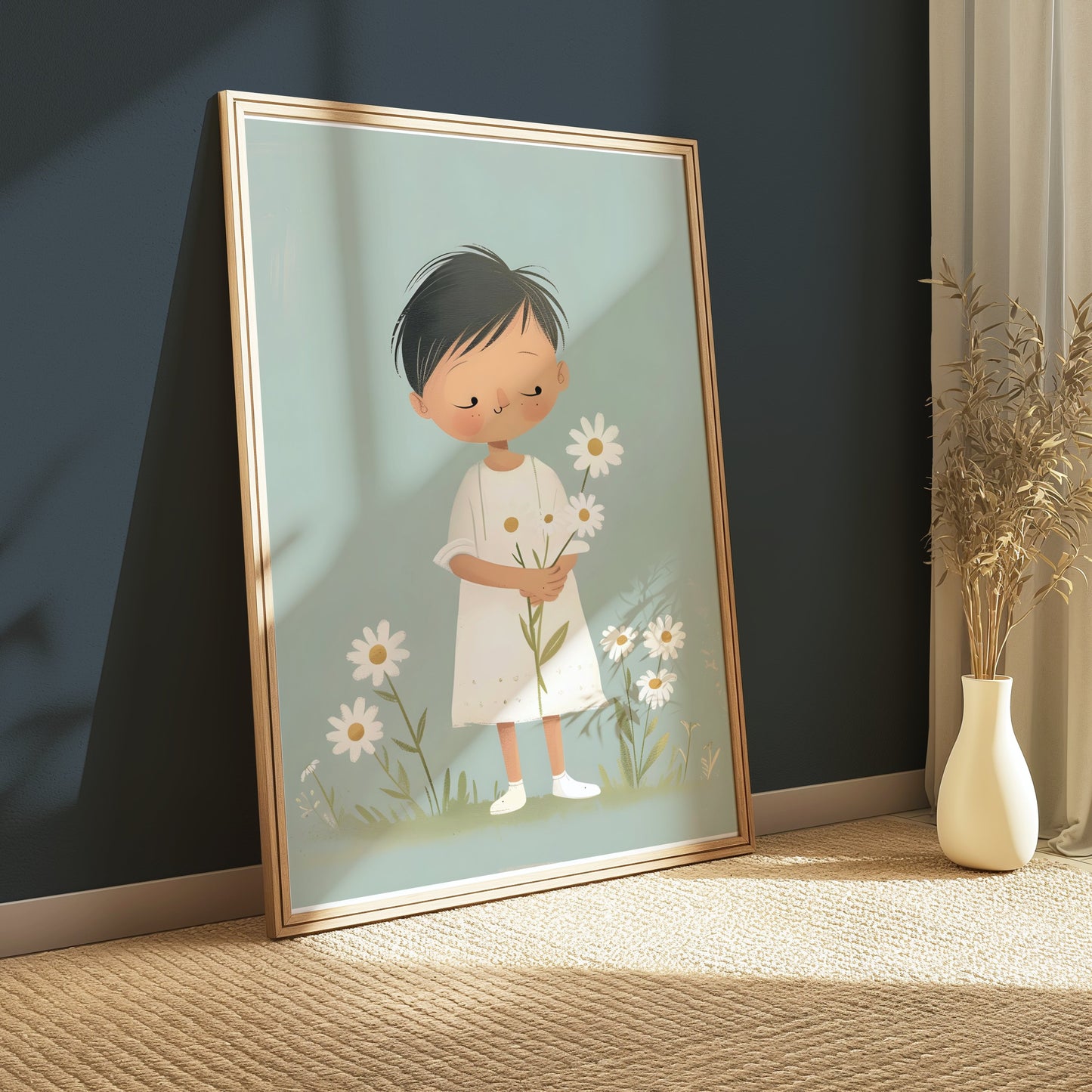 Premium Poster of Cute Child Holding Flowers in Peaceful Meadow Posters