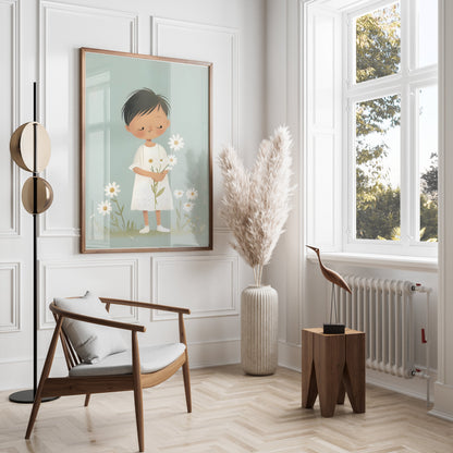 Premium Poster of Cute Child Holding Flowers in Peaceful Meadow Posters