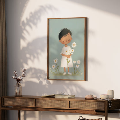 Premium Poster of Cute Child Holding Flowers in Peaceful Meadow Posters