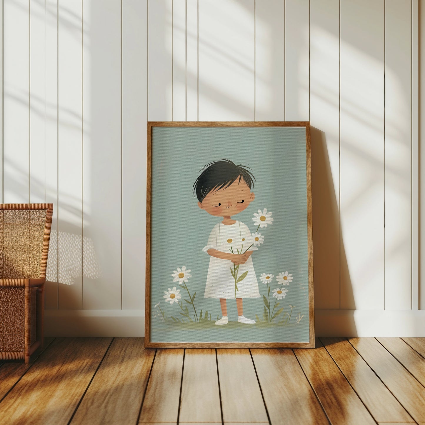 Premium Poster of Cute Child Holding Flowers in Peaceful Meadow Posters