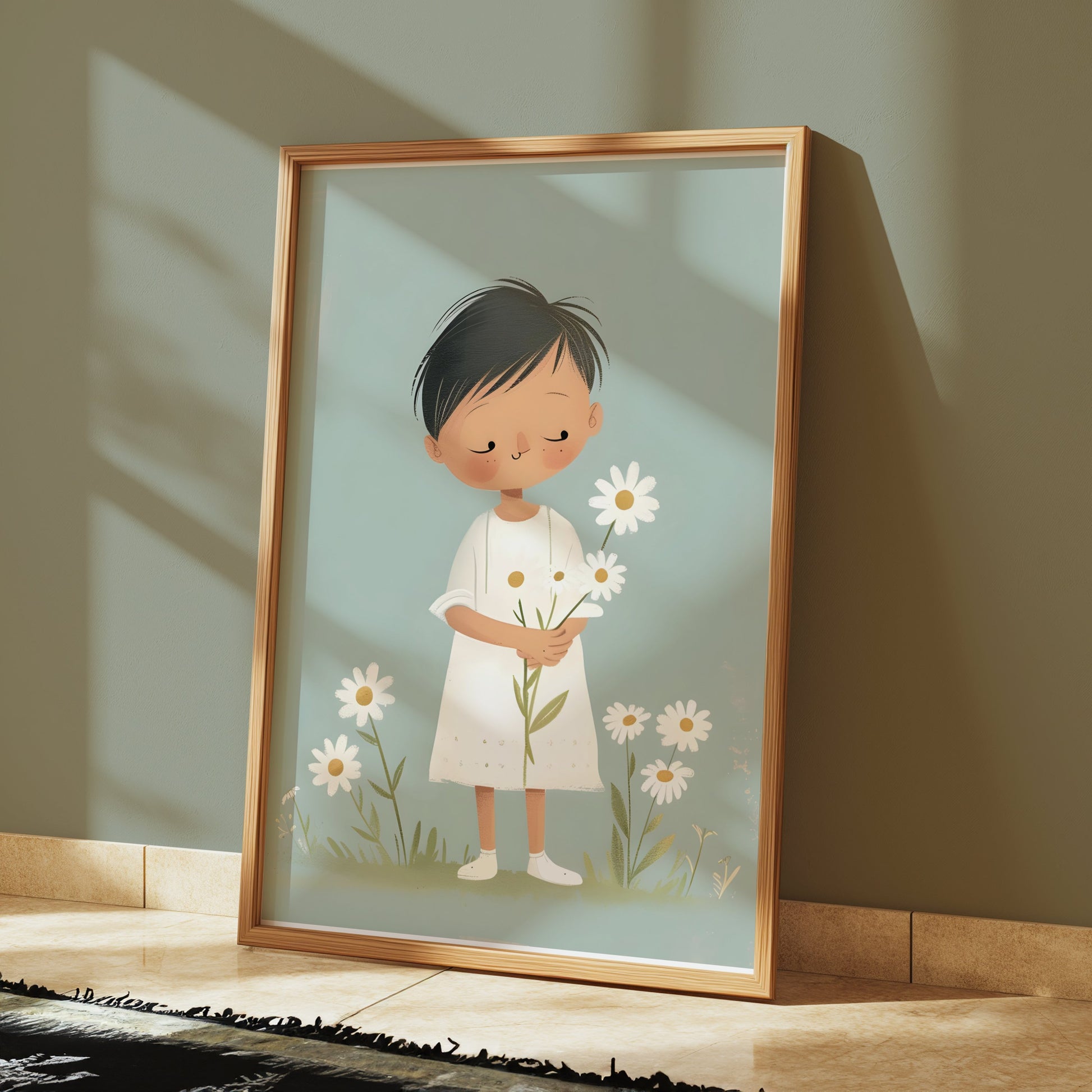 Premium Poster of Cute Child Holding Flowers in Peaceful Meadow Posters