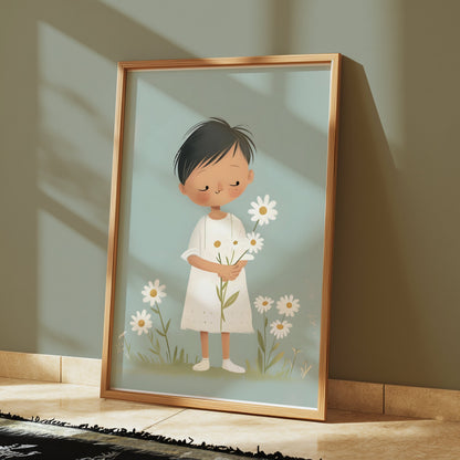 Premium Poster of Cute Child Holding Flowers in Peaceful Meadow Posters