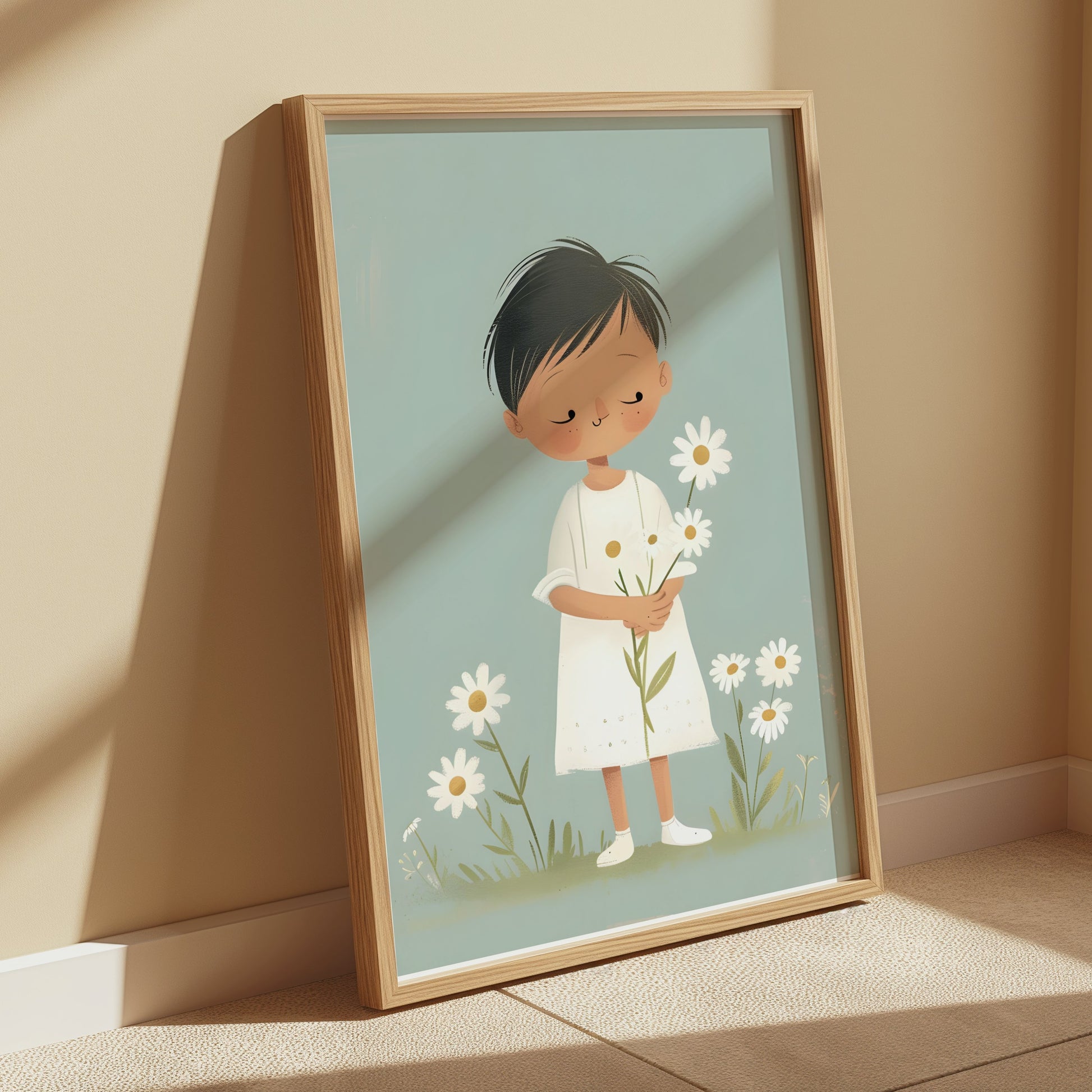 Premium Poster of Cute Child Holding Flowers in Peaceful Meadow Posters