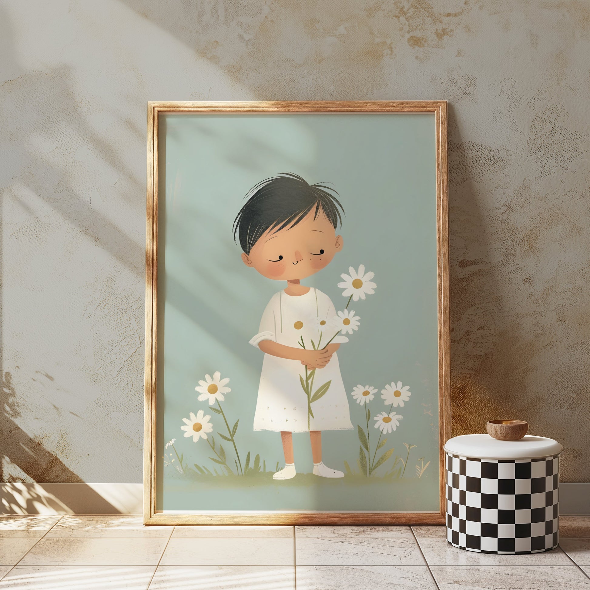 Premium Poster of Cute Child Holding Flowers in Peaceful Meadow Posters
