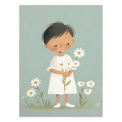 Premium Poster of Cute Child Holding Flowers in Peaceful Meadow Posters
