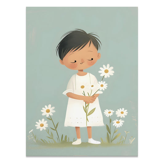 Premium Poster of Cute Child Holding Flowers in Peaceful Meadow Posters