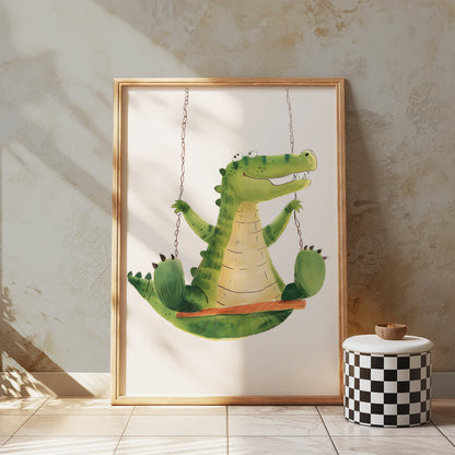 Premium Poster of Cute Crocodile Swinging Happy Kids Room Art Posters